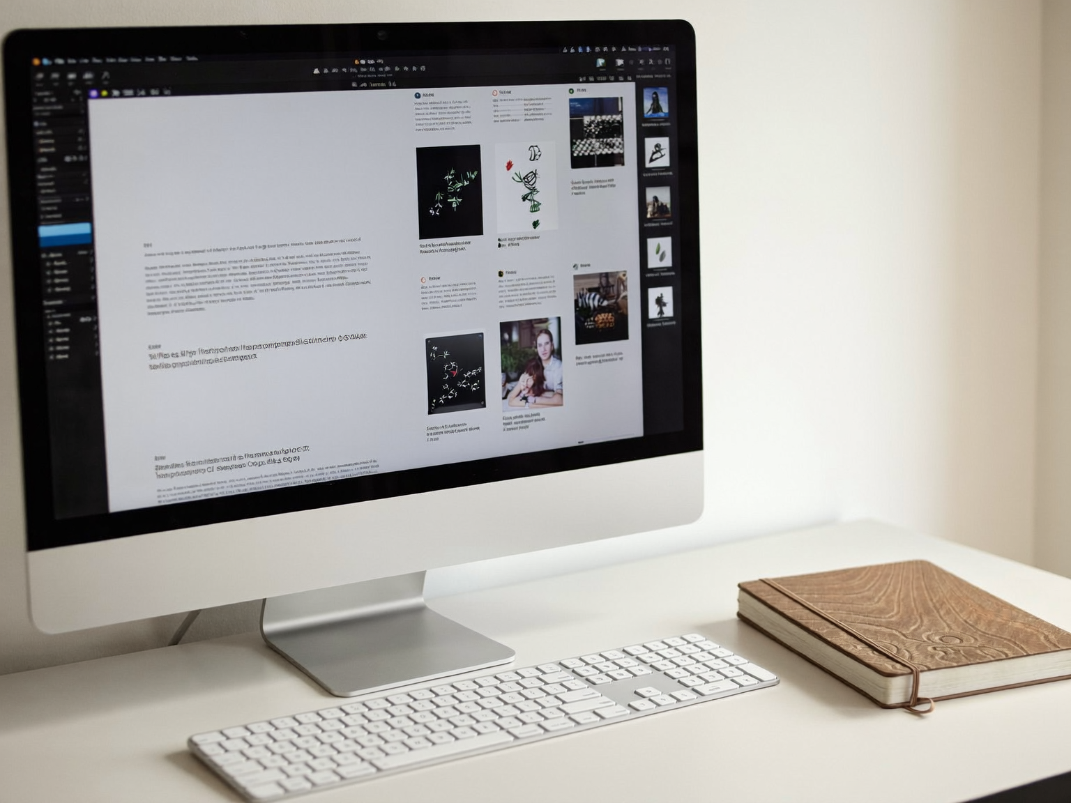 Agency desk with a desktop monitor displaying a multi-client content workflow and approval queue.