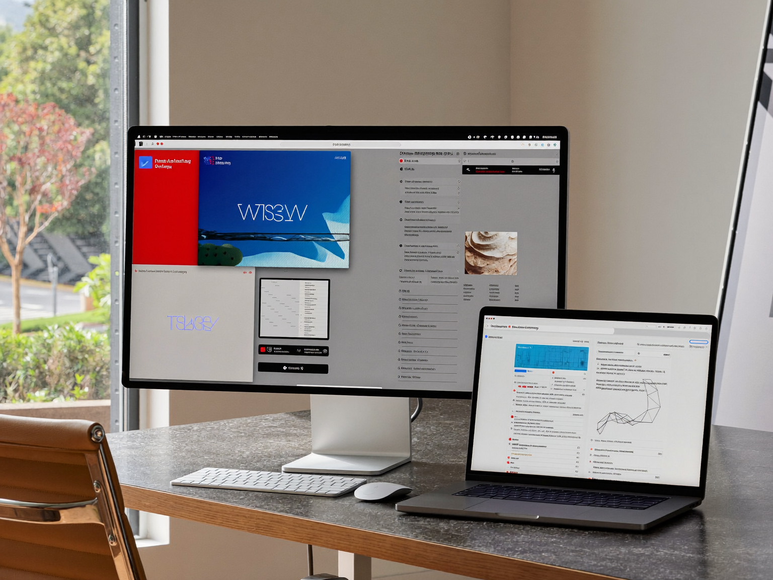Office workstation with a visual website editor on one screen and a structured backend workflow interface on another.