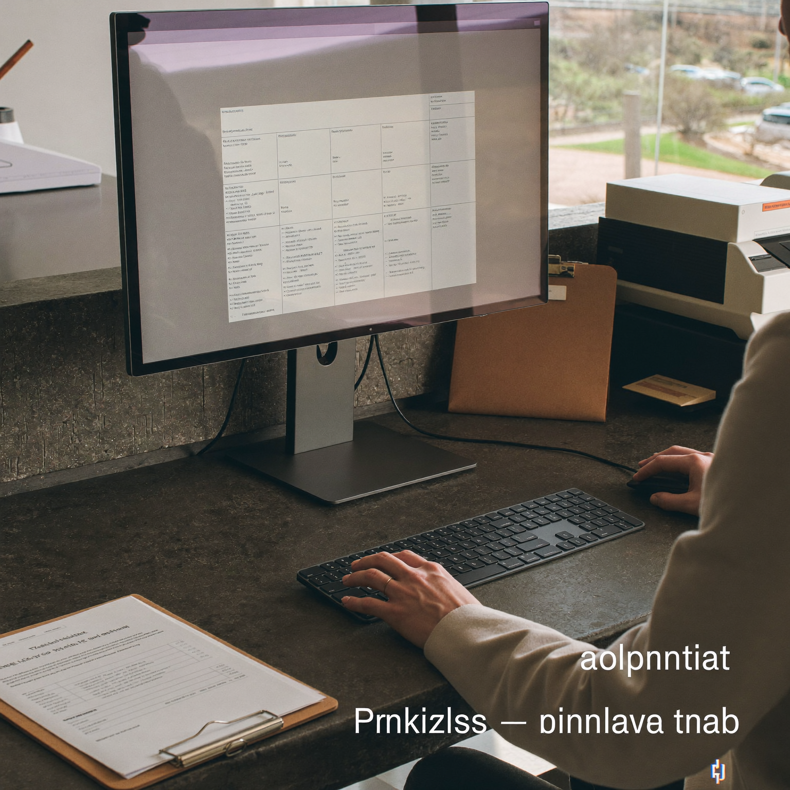 Operations workstation with a custom workflow form on a monitor beside a scanner and organized intake documents.