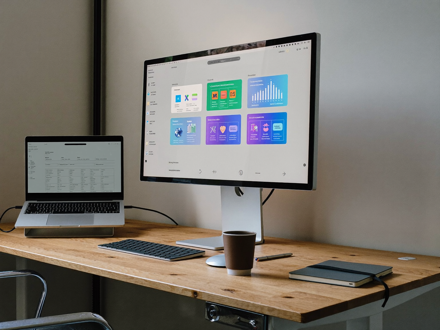 Office workstation with analytics charts on a widescreen monitor and an AI answer interface open on a laptop.