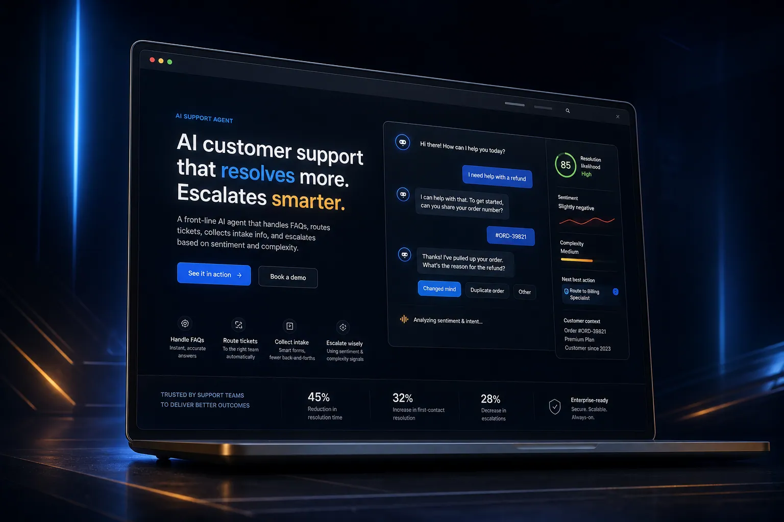 AI customer support agent marketing website built by SpinFlow