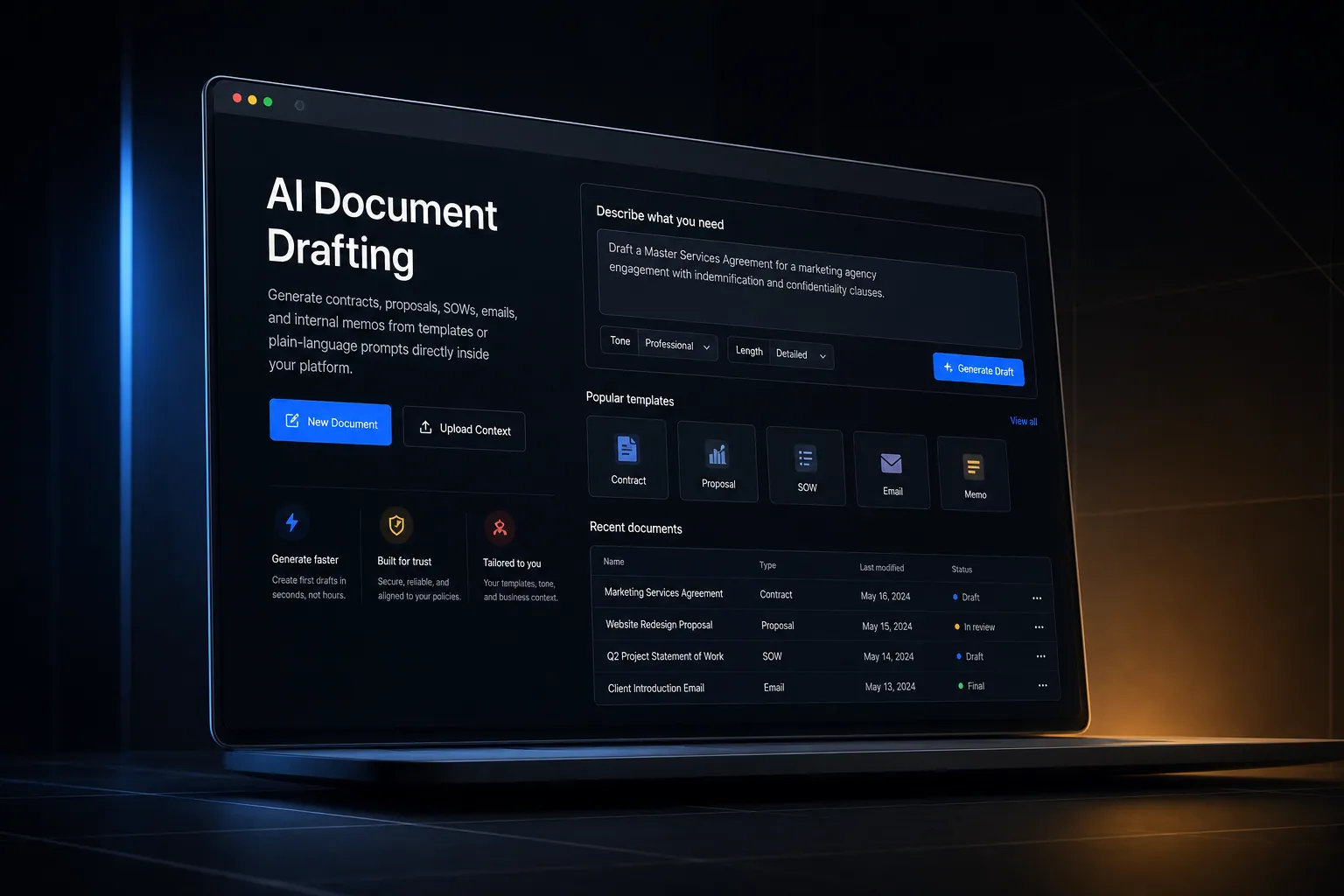 AI document drafting marketing website built by SpinFlow