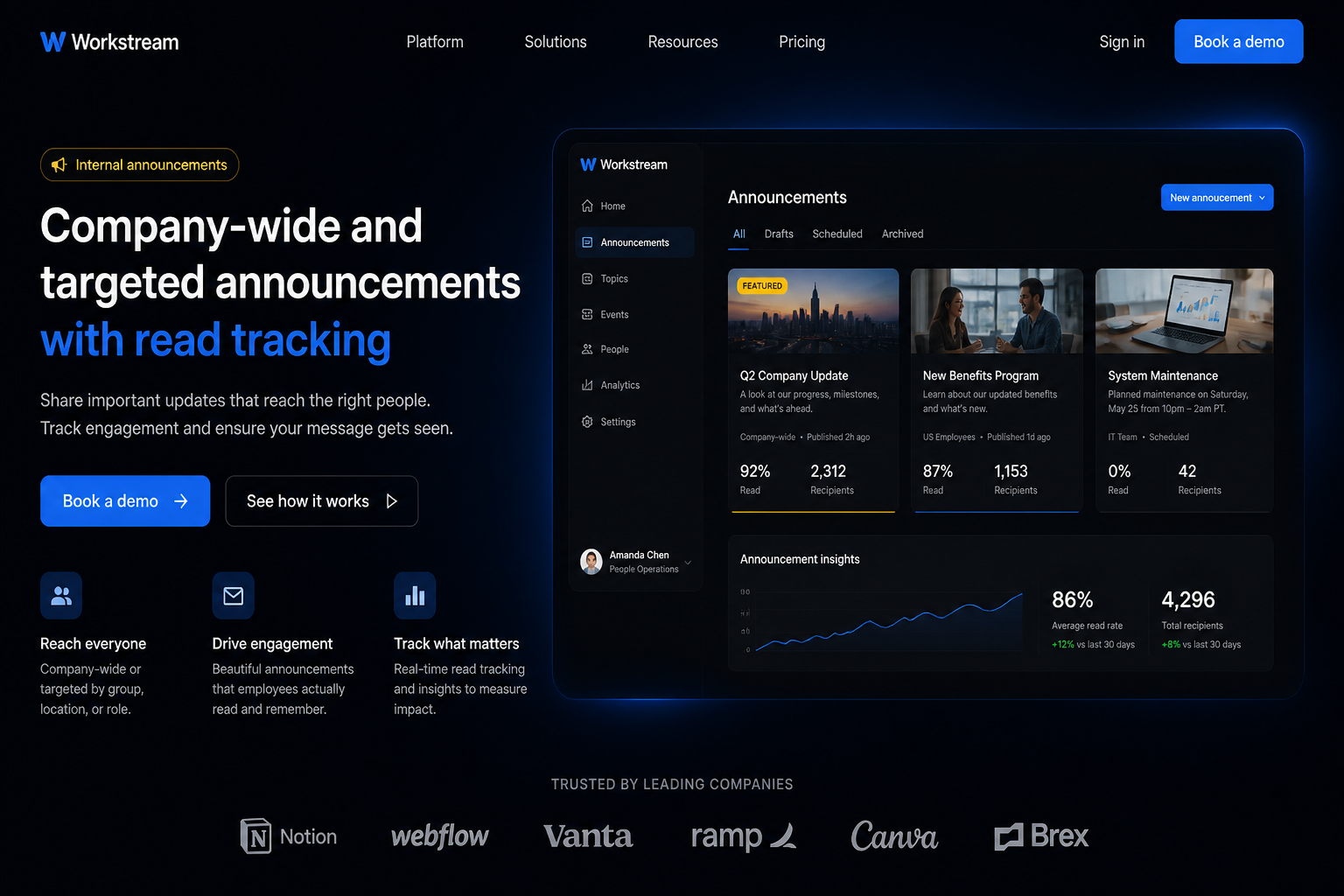 Internal announcements marketing website built by SpinFlow