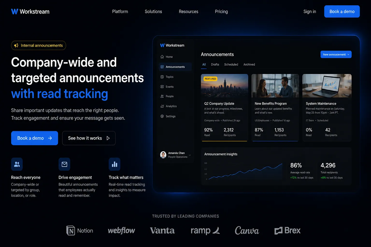 Internal announcements marketing website built by SpinFlow