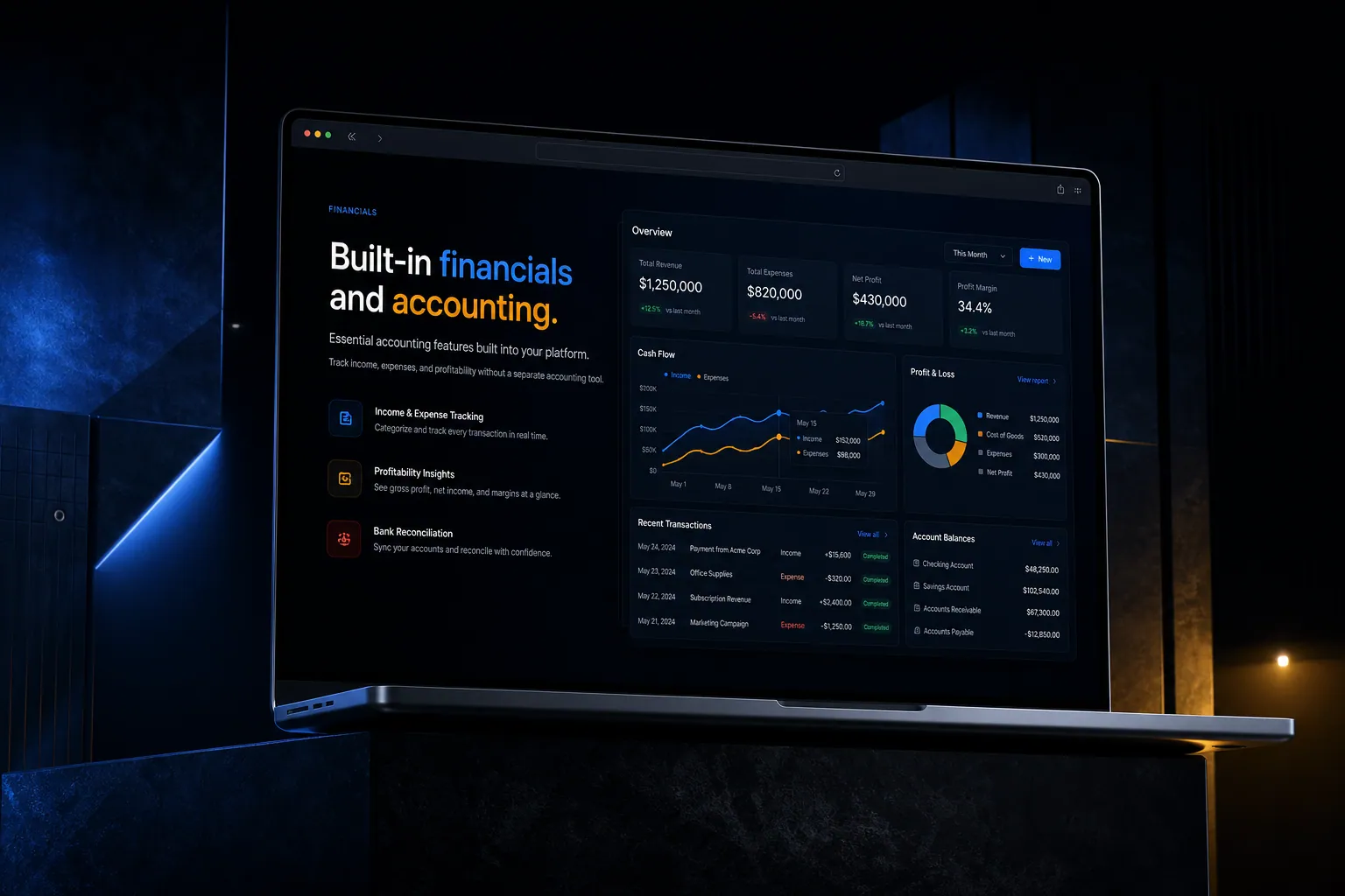 Built-in financials and accounting marketing website built by SpinFlow