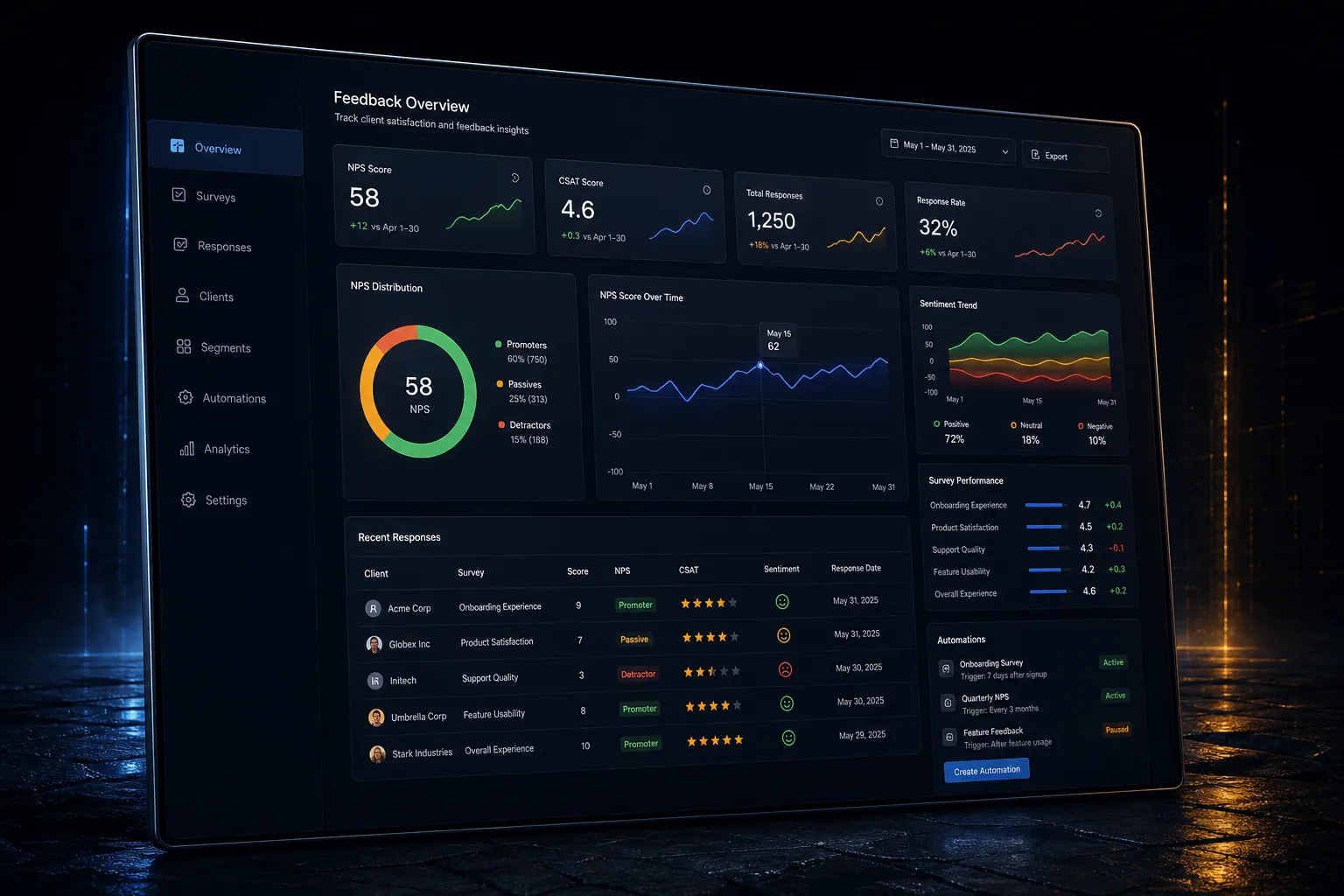 Client feedback and NPS surveys backend application built by SpinFlow