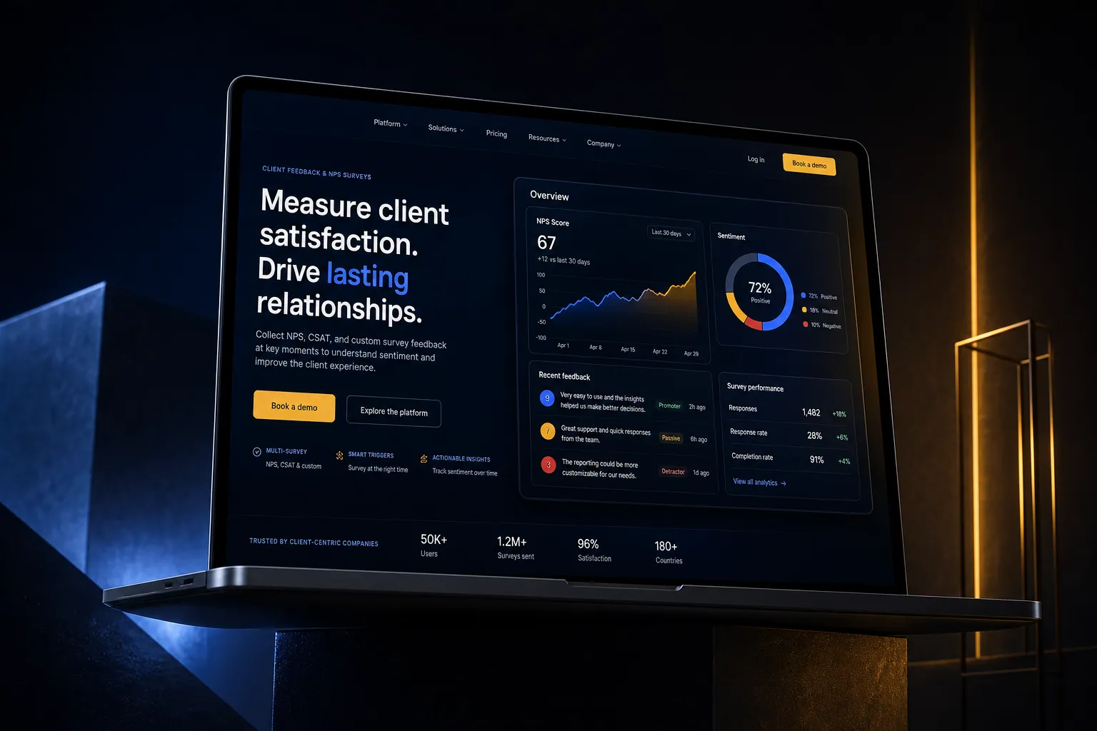 Client feedback and NPS surveys marketing website built by SpinFlow