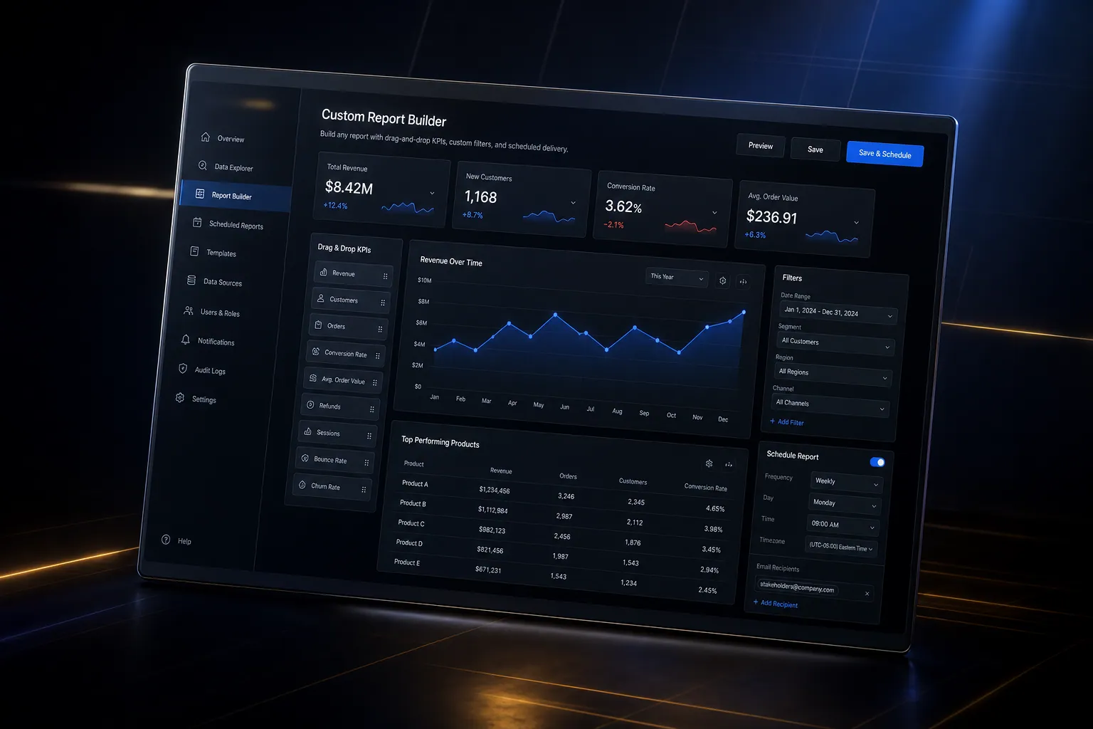 Custom report builder backend application built by SpinFlow
