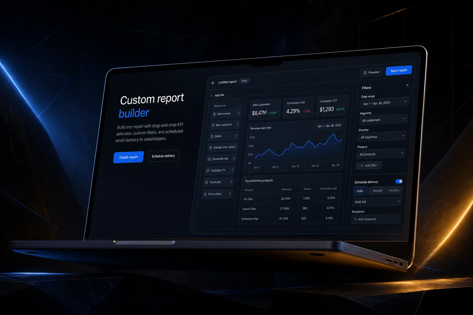 Custom report builder marketing website built by SpinFlow