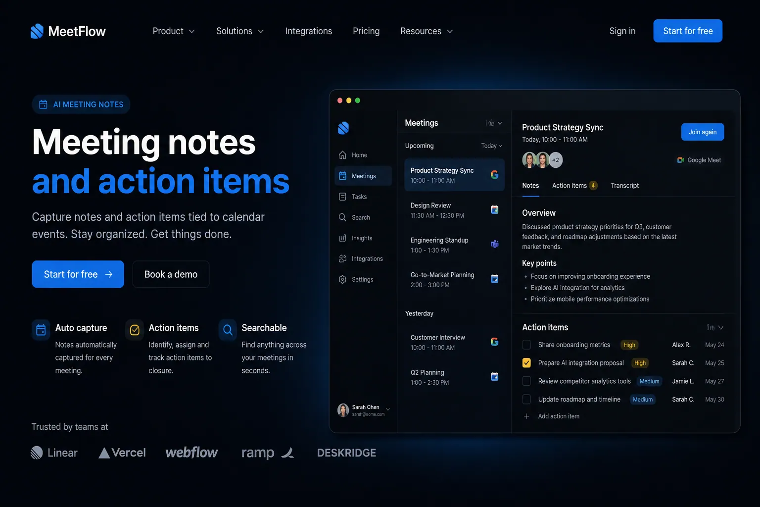 Meeting notes and action items marketing website built by SpinFlow