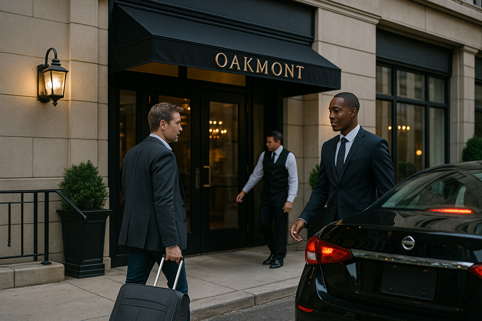 Business professionals outside luxury hotel