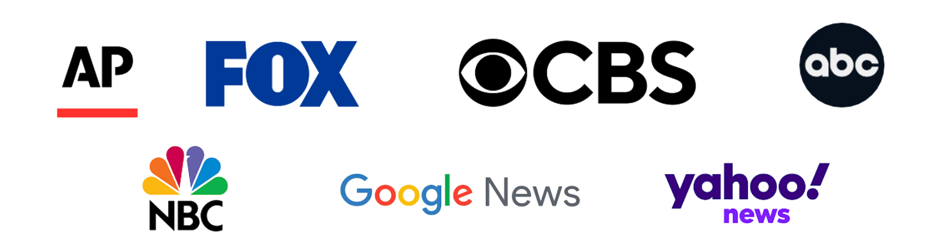 Media logos including AP, FOX, CBS, ABC, NBC, Google News, and Yahoo News
