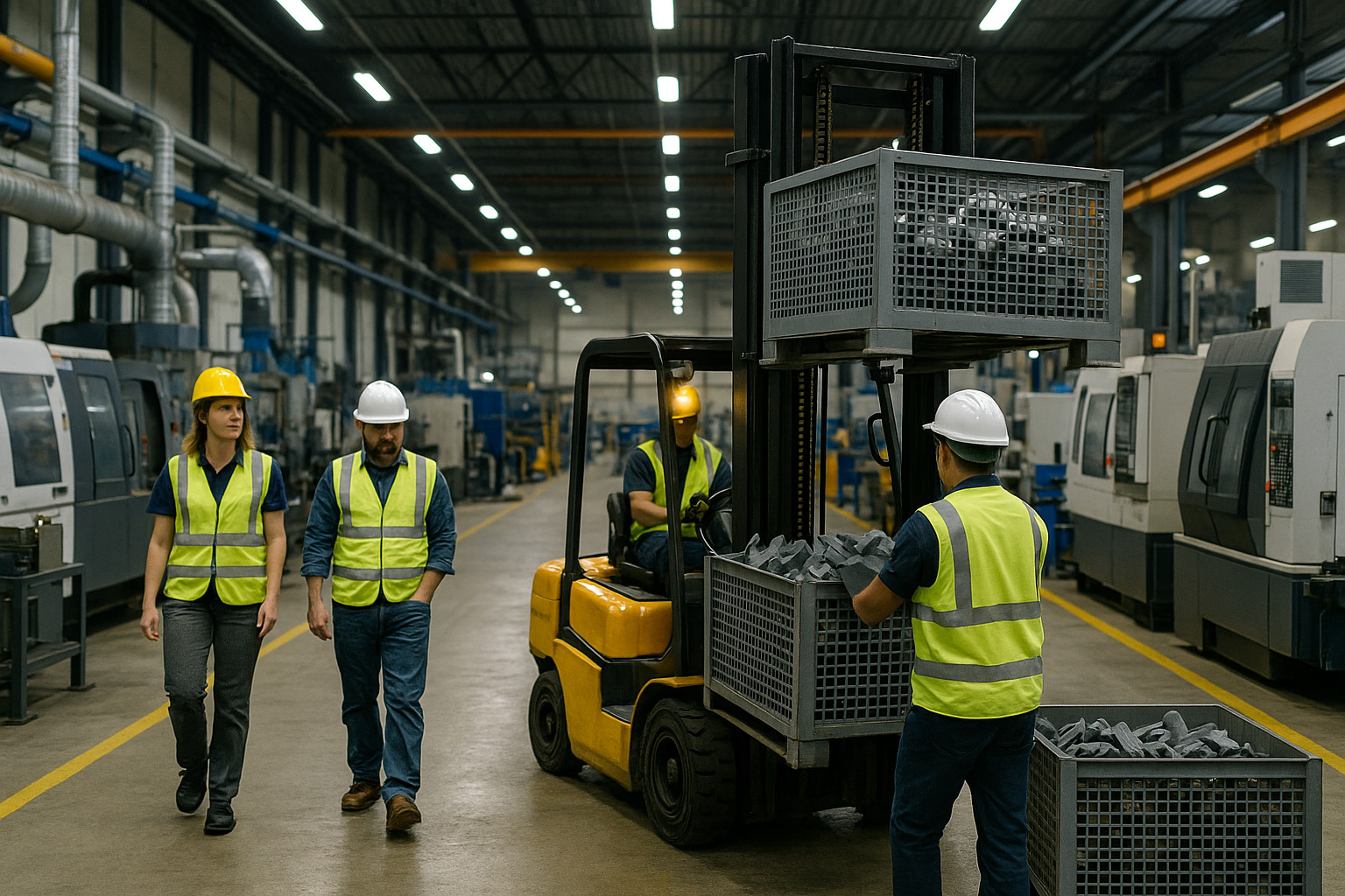 Manufacturing workers operating forklift in factory
