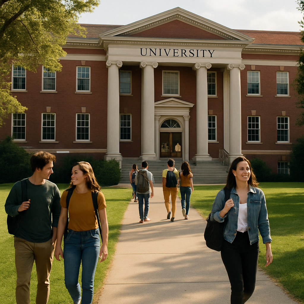University campus with students walking