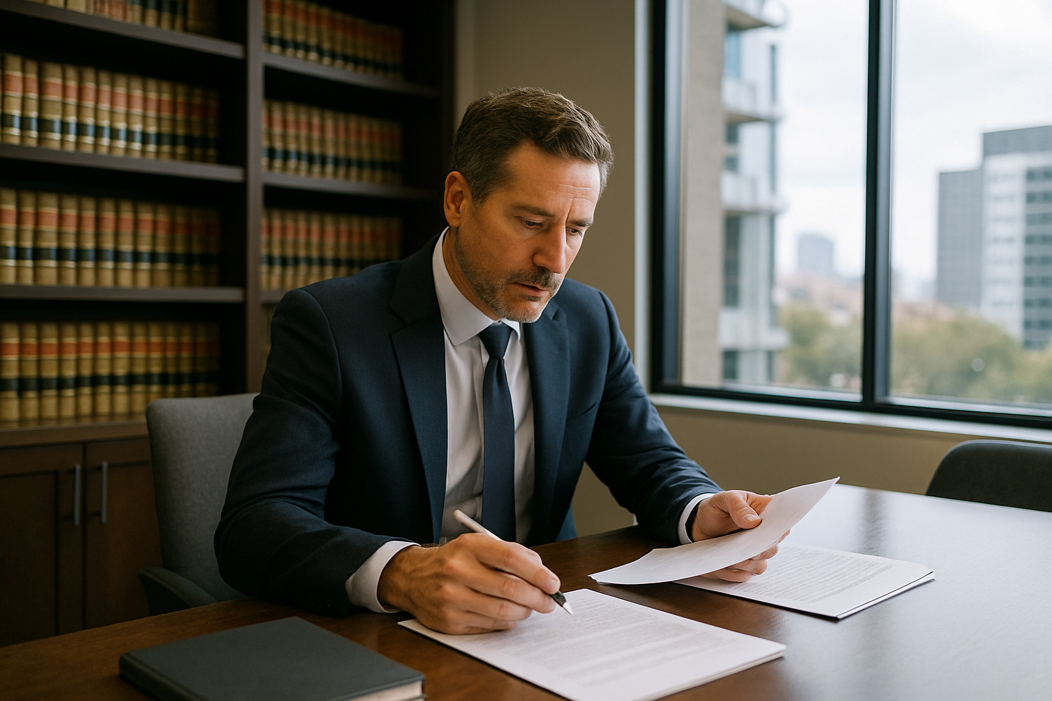 Lawyer reviewing documents in office