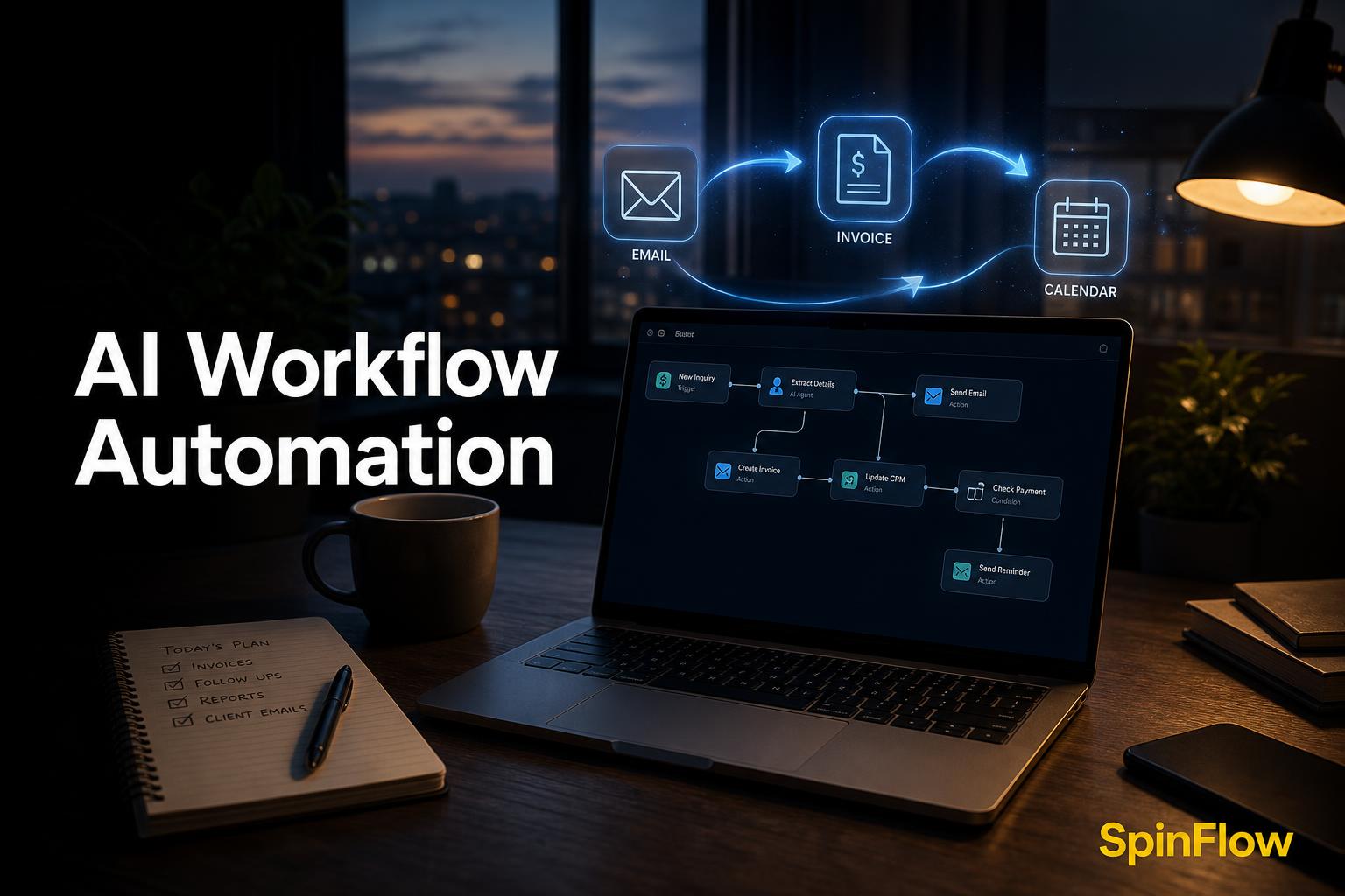 Holographic automation workflow loop hovering over a small business desk, illustrating AI-driven task orchestration