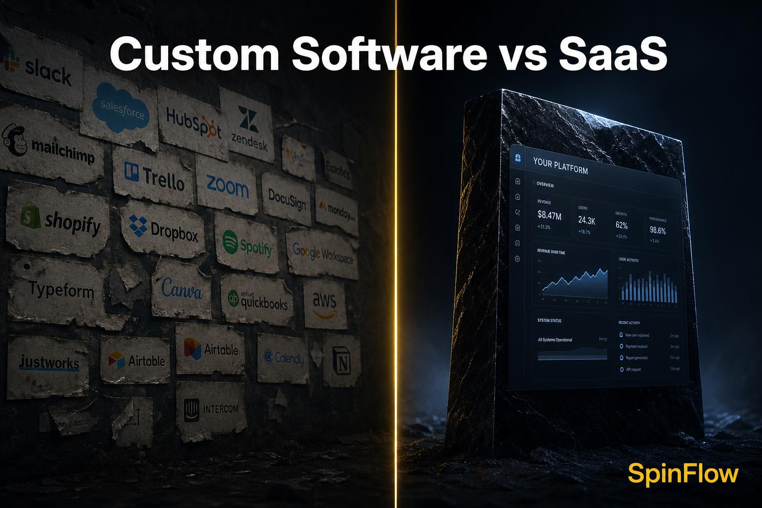 Split scene contrasting scattered SaaS app stickers with a unified obsidian monolith representing custom business software