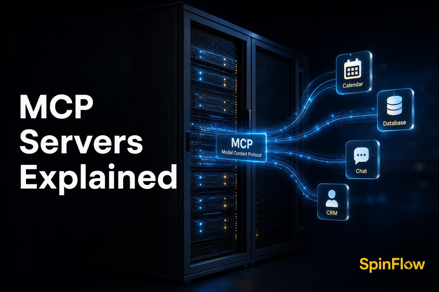 Server rack with translucent data streams representing MCP protocol connections between AI models and business systems