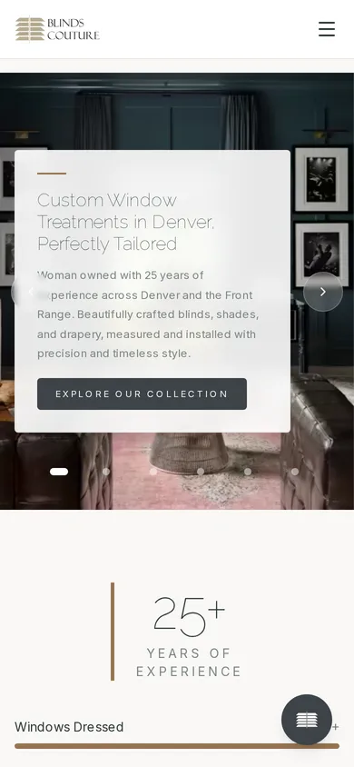 Blinds Couture website homepage on a phone