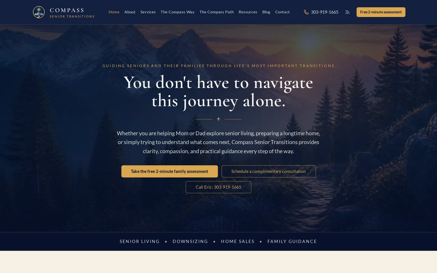 Compass Senior Transitions website homepage on a laptop