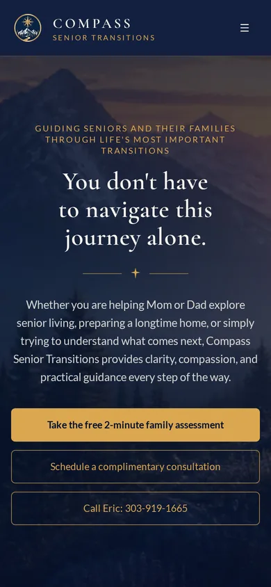 Compass Senior Transitions website homepage on a phone