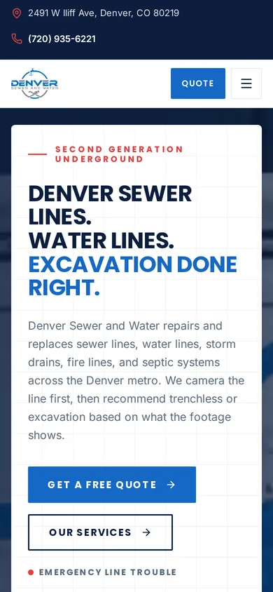 Denver Sewer and Water website homepage on a phone