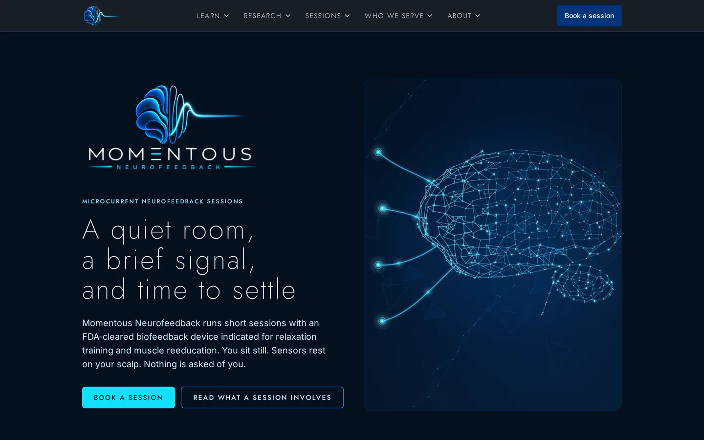 Momentous Neurofeedback website homepage on a laptop