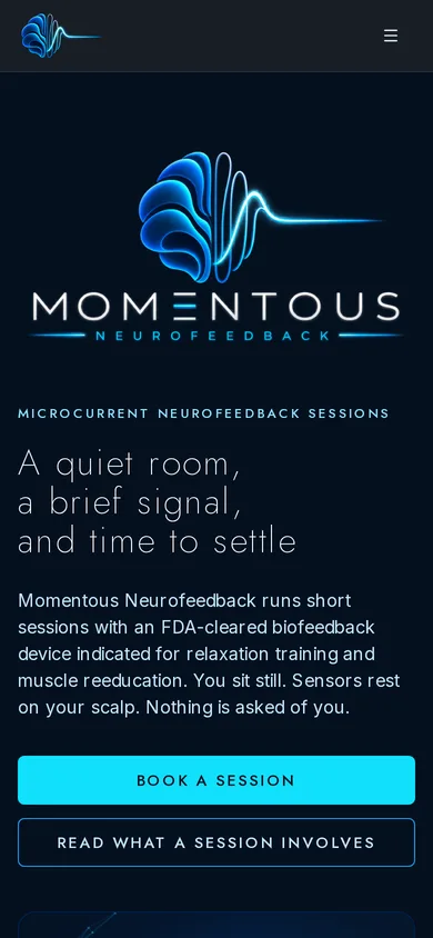 Momentous Neurofeedback website homepage on a phone